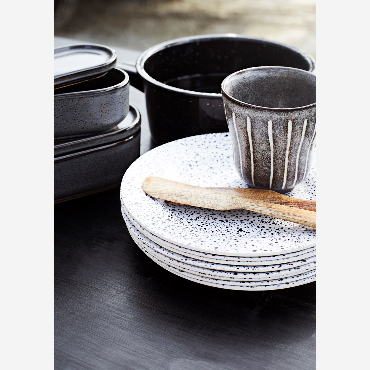 Set de 3 ramequins avec couvercles en céramique émaillée gris/noir * Madam Stoltz