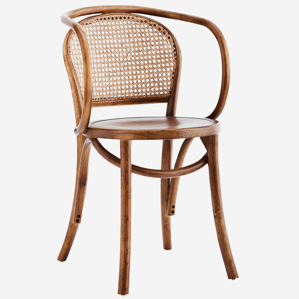 Chaise couleur caramel en bois d'orme, accoudoirs arrondis et dossier en cannage * Madam Stoltz