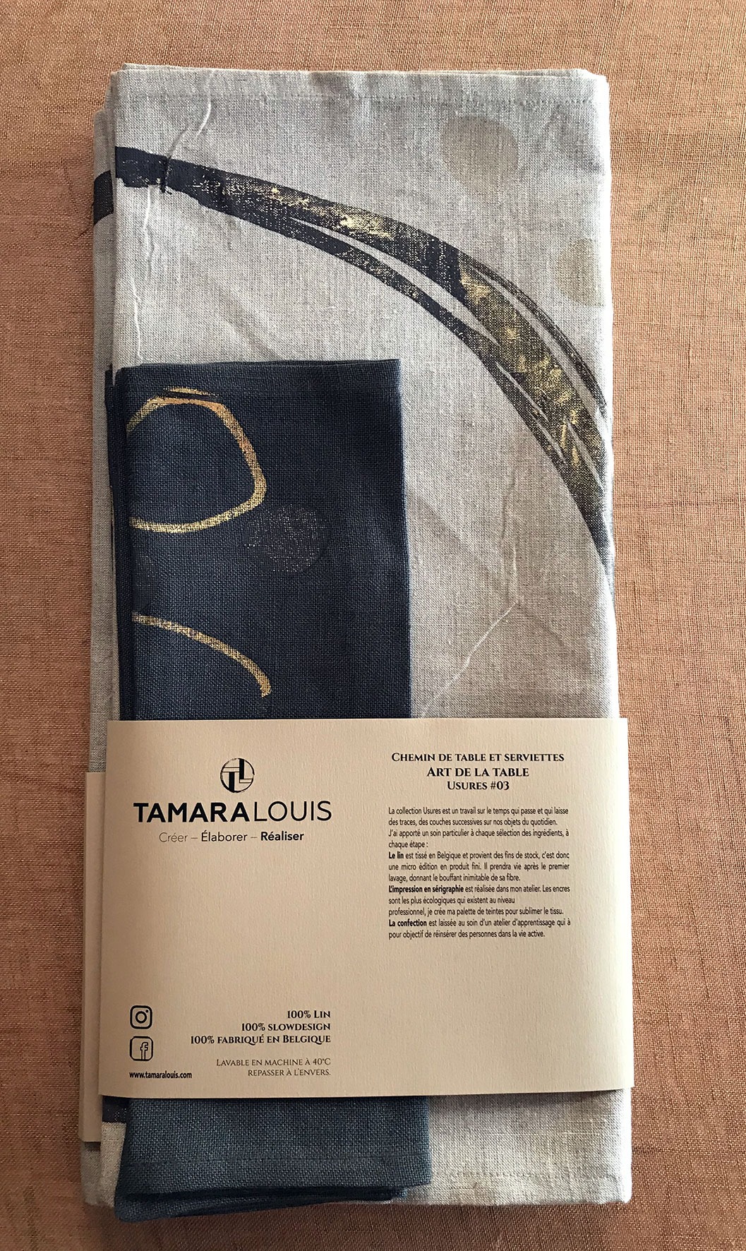 Chemin de table et serviettes (2 personnes) en lin belge - teinte sésame / Usures#03 * Tamara Louis Sérigraphie