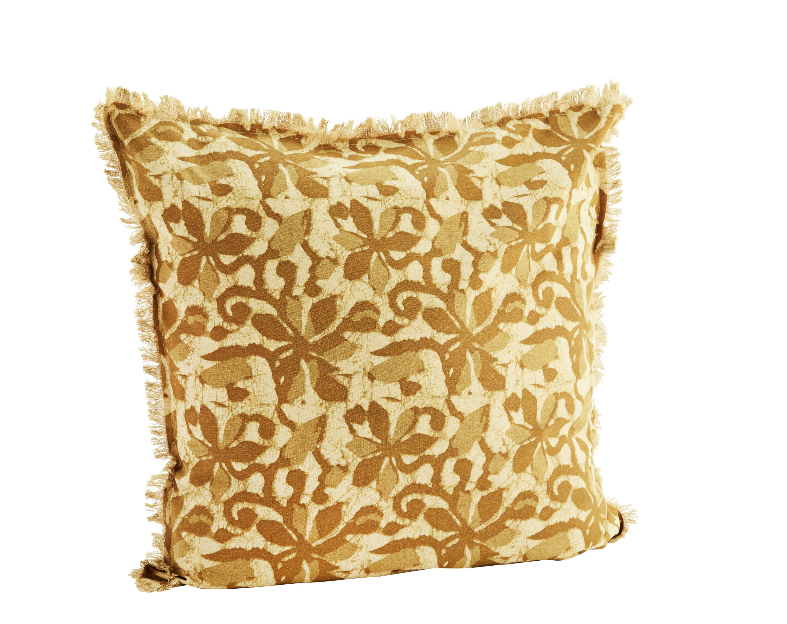 Housse de coussin imprimée avec franges en lin lavé beige/camel 60x60cm * Madam Stoltz