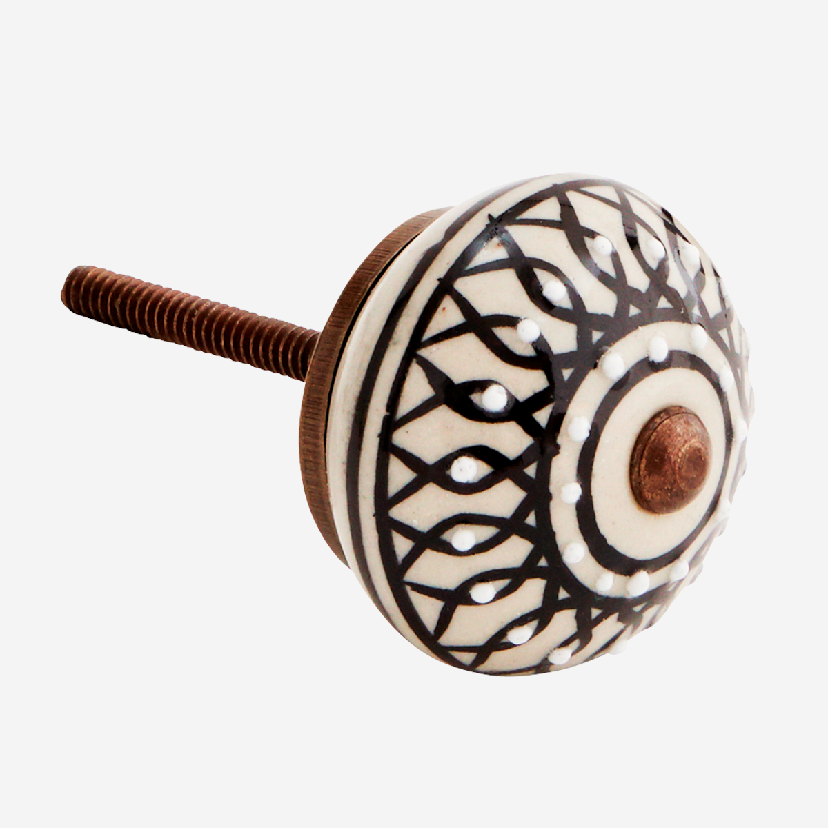 Bouton / Poignée de porte en porcelaine blanc cassé, dessins noirs, points blancs * Madam Stoltz