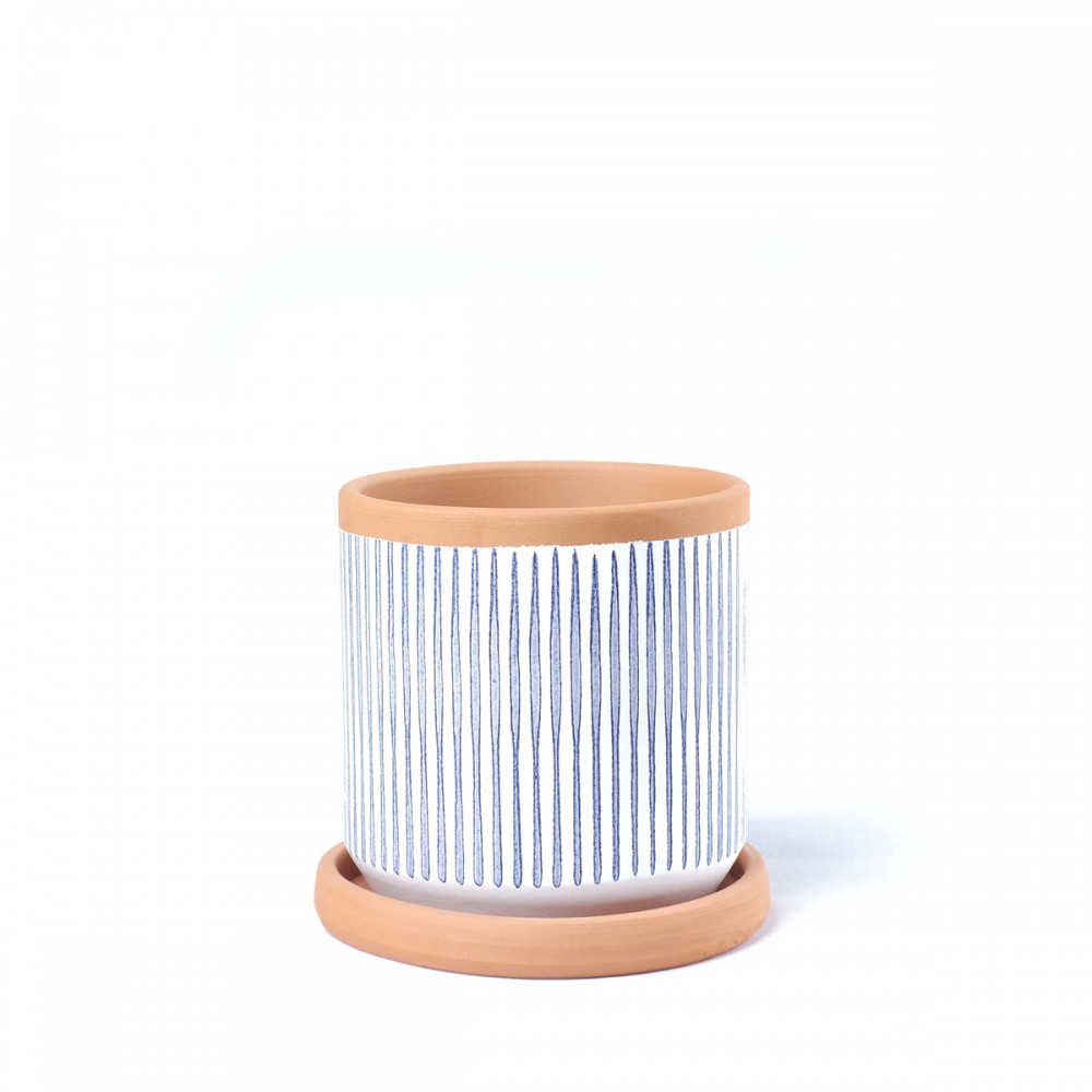 Cache-pot et sa coupelle en terre-cuite ligné bleu/ blanc  * Casa Atlantica