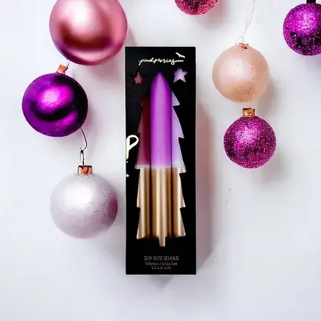 Pack de 3 bougies chandelles Dip Dye X-Mas Comfy Chalet mauve & doré * Pink Stories